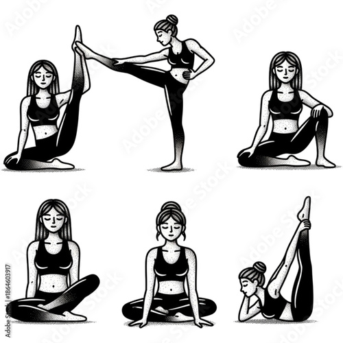 Yoga Poses Illustration: A collection of six elegantly illustrated yoga poses, each demonstrating a different stretch and balance for a healthy and mindful lifestyle.