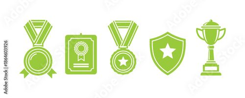 Icons of medals, different shaped awards for winners. Trophies for champions. Vector illustrations