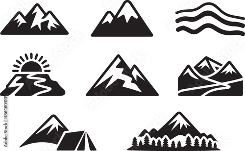 Mountain Silhouette Landscape, Black and White Isolated Peaks and Hills, Nature Outdoor Adventure and Travel Background Concept