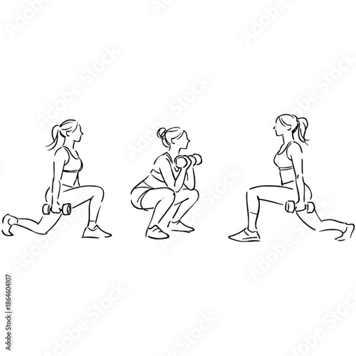Workout Steps: A dynamic sketch showcases a woman executing various dumbbell exercises. From lunges to squats, this artwork embodies a journey of fitness and strength. 