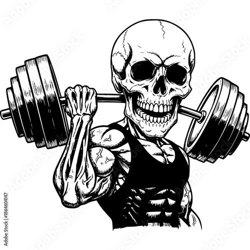 The Bone Crusher's Workout: A fierce illustration of a skeletal figure, embodies the dedication to fitness, lifting weights in a powerful display of strength and determination. 
