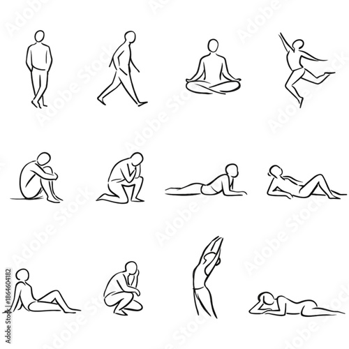 Emotions in Sketch: Capturing the complexity of the human experience, a series of minimalist sketches portrays diverse body poses, each evoking a unique mood and conveying a spectrum of emotions.