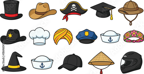 Collection of cartoon hats and headwear icons, pirate police chef graduation safari styles, costume accessories illustration set design