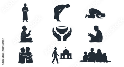 slamic People Prayer Silhouette Set Ramadan Vibes Vector Illustration of Muslim Men and Family Worshiping at Mosque for Holy Month Kareem Concept Design and Eid greeting