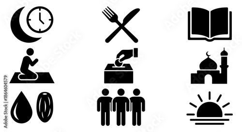 Collection of Ramadan Vibes Vector Solid Glyph Icons Silhouette Set for Islamic Fasting Month Kareem Decoration Element including mosque time clock prayer and iftar food