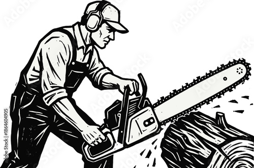 Woodcutter using chainsaw illustration, lumberjack cutting tree log, vintage black and white engraving style, forestry work concept