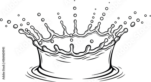 Striking black and white line art illustration capturing a dramatic liquid splash crown effect frozen dynamically in time against a clean background.