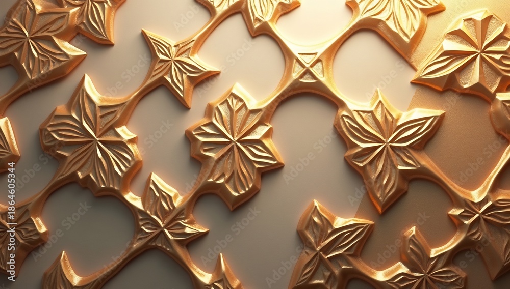 Obraz premium Luxurious polished bronze geometric ornamental pattern with carved floral motifs and intricate details, elegant background
