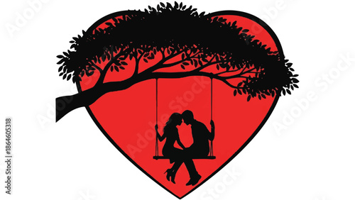 Couple swinging on a tree branch forming a heart shape illustration