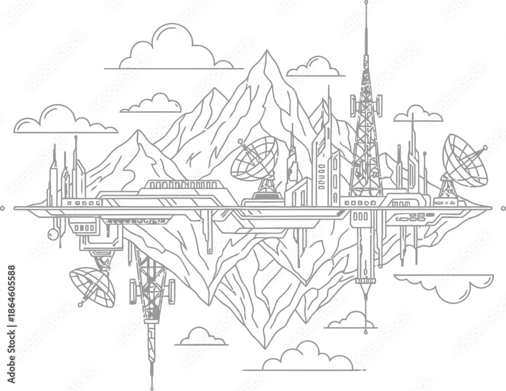 Obraz premium Futuristic communication outpost constructed upon towering rugged mountains symbolizing advanced technology integration and remote signal transmission capabilities