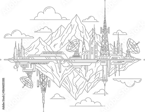 Futuristic communication outpost constructed upon towering rugged mountains symbolizing advanced technology integration and remote signal transmission capabilities