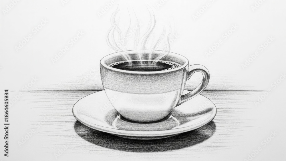 Obraz premium Steaming Hot Coffee Cup Drawing, Black and White Sketch, Morning Beverage
