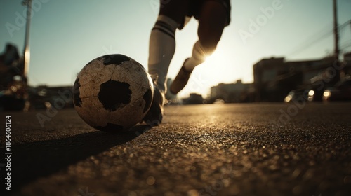 Dynamic street soccer action: a close-up capture of a kick-off moment