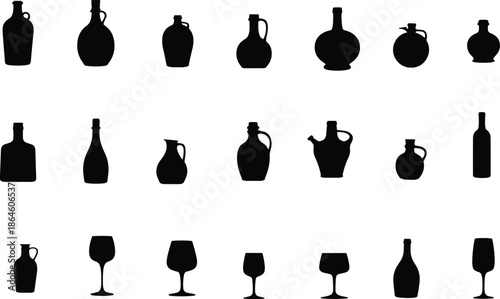Bottle and glass silhouettes set, beverage container shapes collection, wine liquor drinkware, bar restaurant illustration design