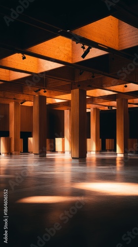 civic. Grand hall interior with geometric pillars and beams of golden light. ...