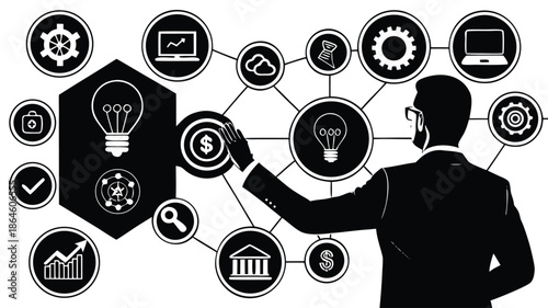 Vector illustration of a silhouette of a man and woman with headphones listening to music as a flat business technology concept for social media network communication and mobile internet connection