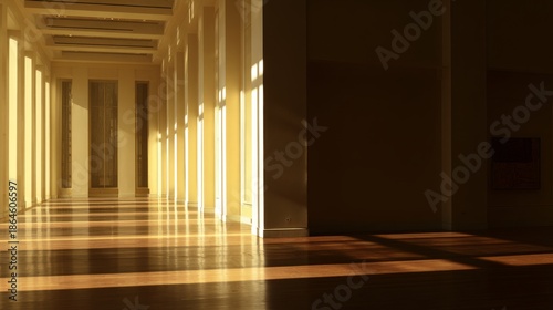 civic. Grand hall interior with geometric pillars and beams of golden light. ...