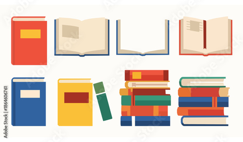 Back to school books vector illustration set with open and stacked textbooks