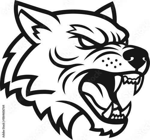Aggressive black and white illustration of a snarling wolf head suitable for sports team mascot or fierce logo design applications