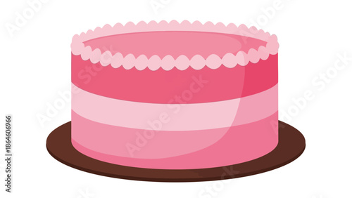 A digitally illustrated pink cake on a brown plate viewed from the side