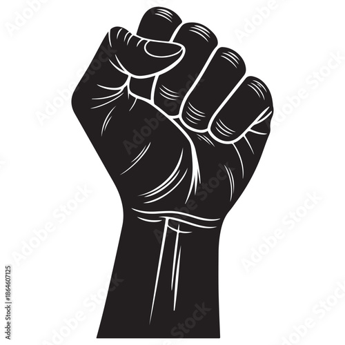 Raised fist symbolizing strength and solidarity in black and white