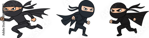 Cartoon ninja character set, running stealth warrior illustrations, cute masked assassin action poses isolated vector design collection