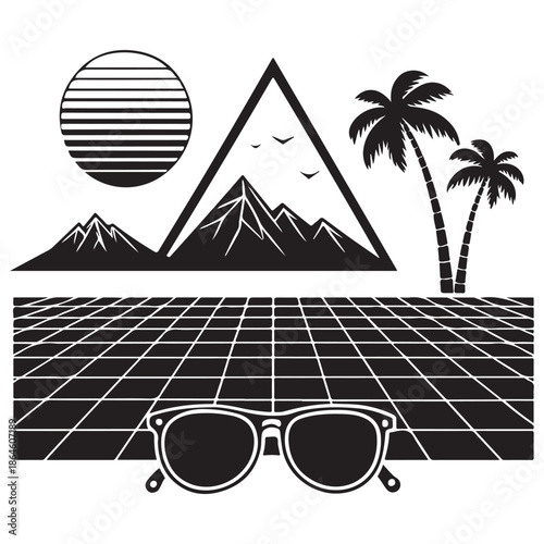 Vintage tropical landscape with sunglasses and grid floor