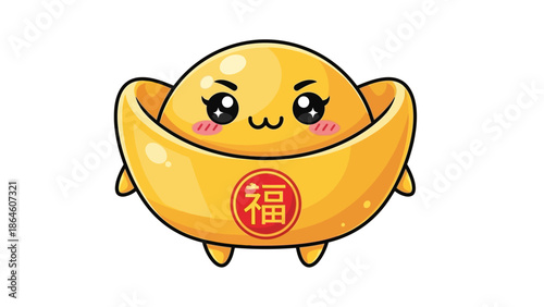 Cute cartoon gold ingot character with Chinese symbol