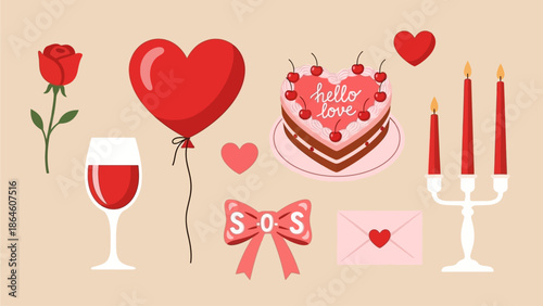 Romantic Valentine's Day celebration with cake, wine, and candles in a warm ambiance