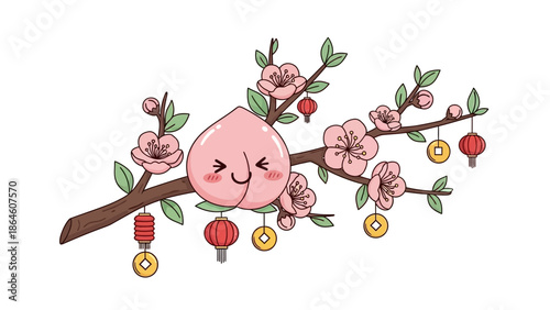 cherry blossom cartoon character with lanterns