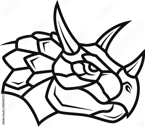 Fierce and stylized black and white line art illustration depicting the aggressive head of a formidable triceratops dinosaur mascot suitable for modern gaming logos.