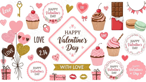 A vibrant collection of Valentine's Day-themed illustrations featuring hearts, cupcakes, and love messages from various viewpoints