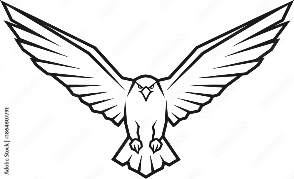 Fototapeta premium Minimalist line art vector icon depicting a fierce falcon or hawk soaring directly toward the viewer with fully spread wings ready for landing or attack
