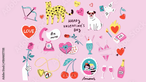 Valentine's Day illustration featuring hearts, animals, and gifts in a playful and colorful arrangement