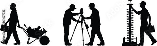 Construction worker silhouette set, surveyor engineer laborer with tools, industrial job activities black vector illustration collection