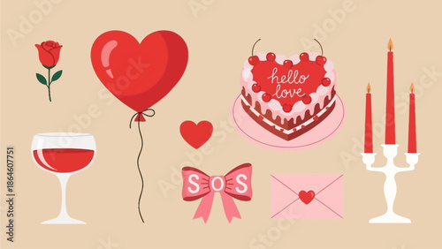 Valentine's Day celebration with heart-shaped balloon, rose, wine, cake, and romantic dinner setup