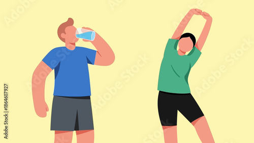 Two people exercising and drinking water to stay hydrated after a workout session illustration