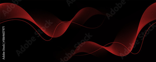 Red dotted wave pattern background. Red black flowing particles concept. Tech halftone curved lines wallpaper for science banner, technology poster, presentation, booklet, flyer. Vector illustration