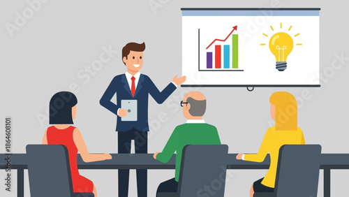 Professional Business Leader Delivering Engaging Presentation Showcasing Growth Strategies and Innovative Ideas to Team During Corporate Meeting