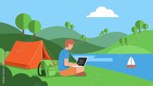 Man working on laptop outdoors by tent and lake with sailboat in scenic landscape
