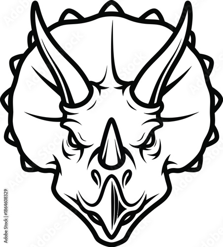 Fierce and aggressive triceratops dinosaur head profile drawn in a bold black and white vector outline style perfect for logos or mascots.