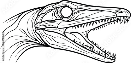 Detailed black and white line art illustration depicting the fierce open-mouthed head and sharp teeth of a terrifying prehistoric marine reptile.