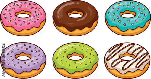 Colorful cartoon donut set with assorted icing and sprinkles, cute vector dessert illustration for bakery, food, and sweet design projects