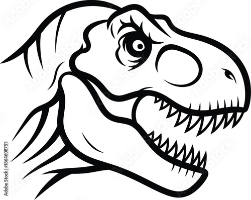 Ferocious black and white line art illustration of a tyrannosaurus rex head showing sharp teeth and an aggressive prehistoric reptilian expression suitable for design.
