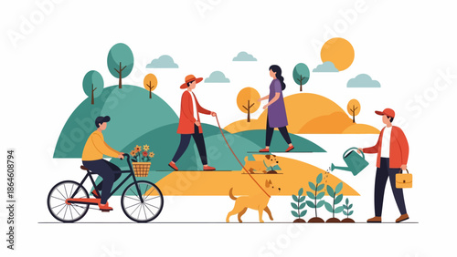 People Gardening and Cycling in Park.