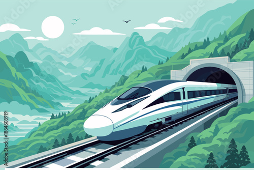 High-Speed Train Emerging from Mountain Tunnel