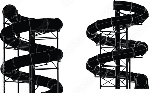 Water slide structure illustration set, aquapark attraction design, amusement park ride, summer recreation concept, black and white outline