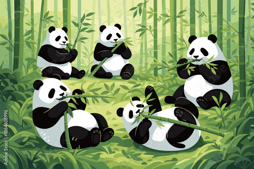 Adorable Pandas Munching Bamboo Shoots in a Lush Green Forest
