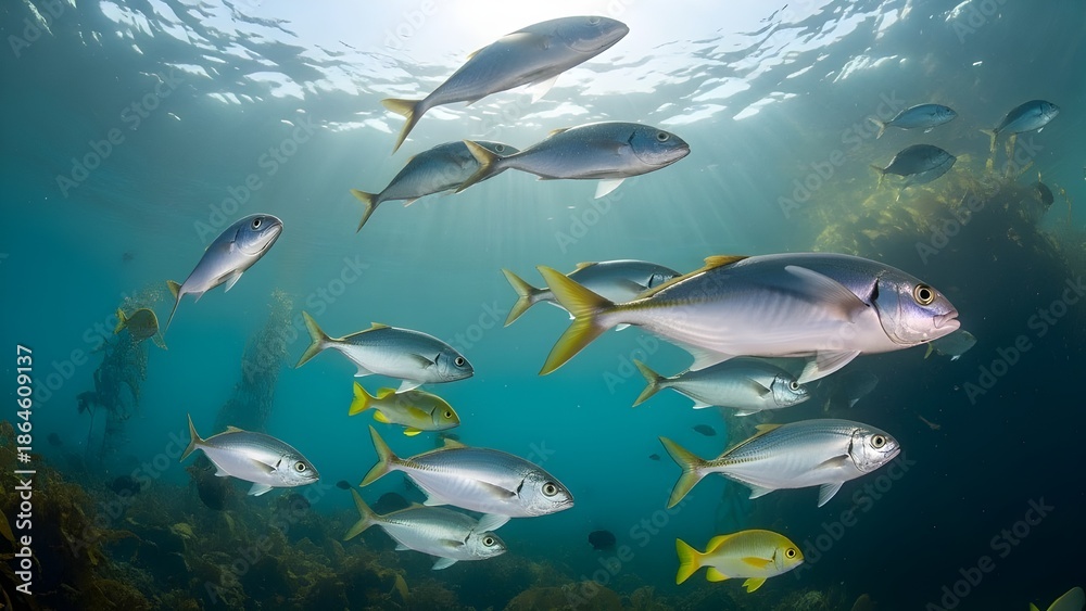 Fototapeta premium A vibrant school of diverse fish swims gracefully through sunlit, clear blue ocean waters, highlighting the stunning beauty and dynamic life of a thriving marine habitat