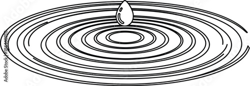 Minimalist black and white line art depiction of a single water droplet creating circular ripples expanding outwards on a flat surface suggesting impact or source.